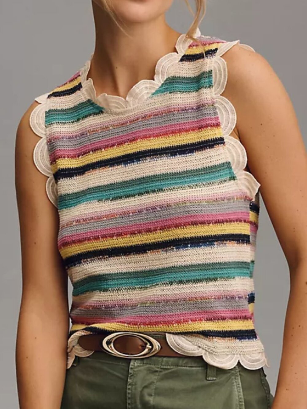 Anthropologie Blue Tassel Sleeveless Crochet Scallop-Trim Top